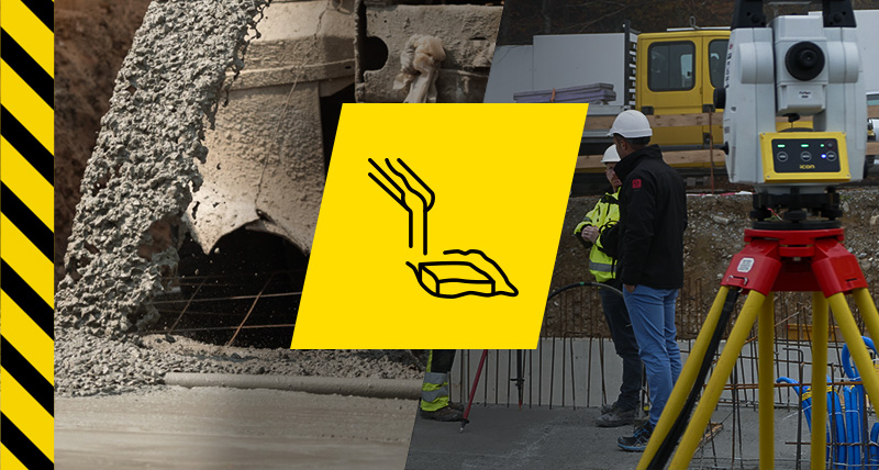 Leica iCON build for foundations, showing concrete being poured on a reinforced steal frame and two construction workers behind a Leica iCON robotic total station.